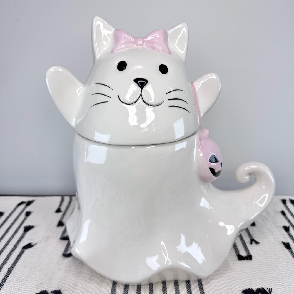 NEW Cobwebs & Cauldrons Ghost Cat Pink Pumpkin Halloween Cookie Jar